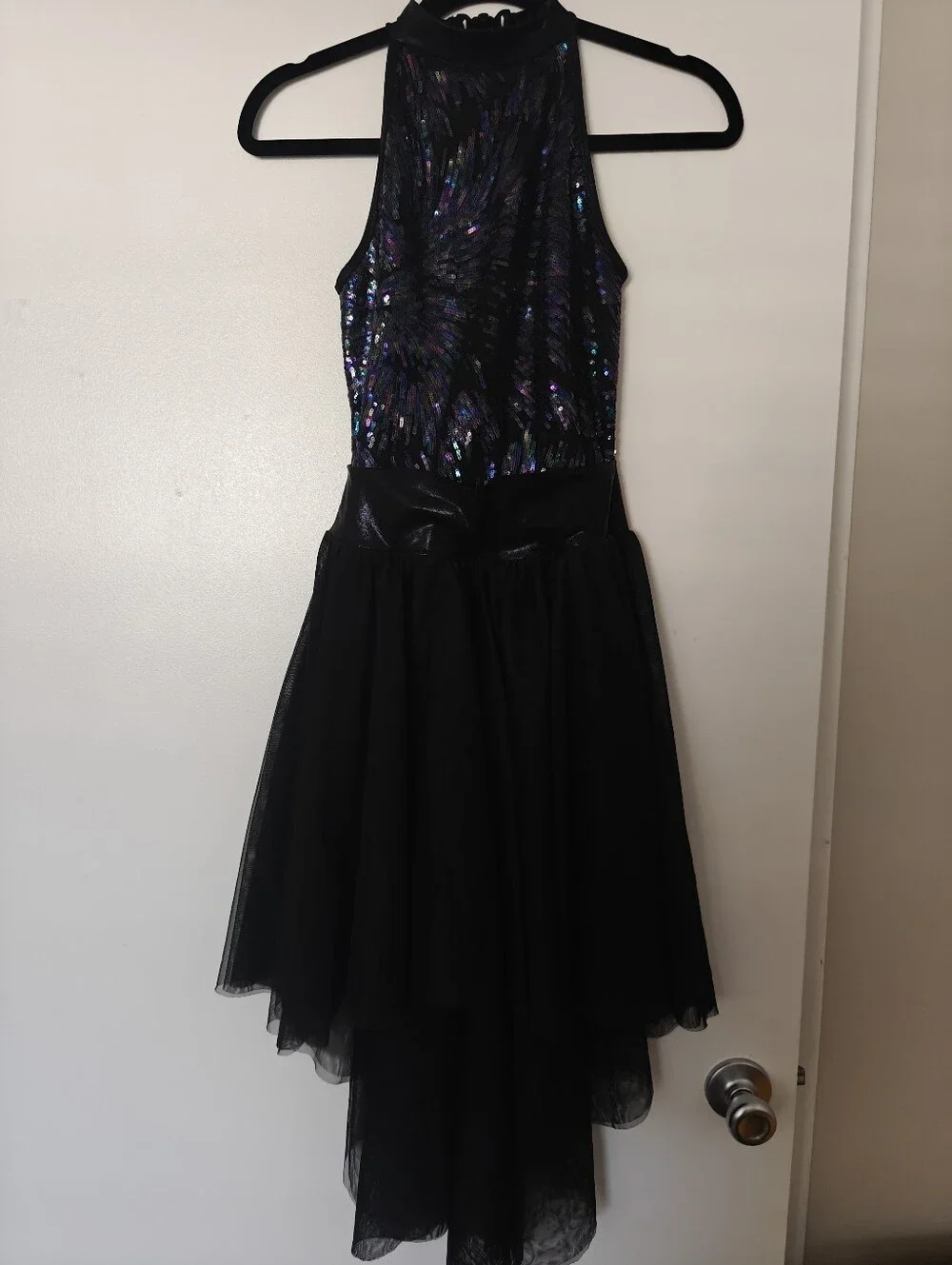 Teen Dance Costume Sz.XLC Sequined Asymmetrical Double Skirt Dress Black Rainbow